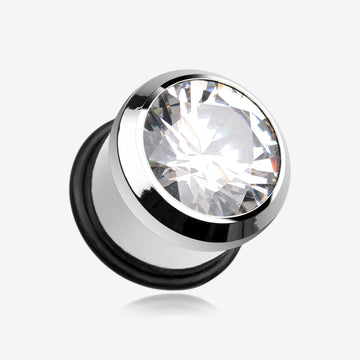 A Pair of Magnum CZ Press Fit Single Flared Ear Gauge Plug-Clear Gem